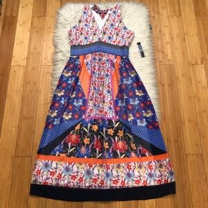 Maggy London Mixed Floral Patchwork Folk Colorblock Chiffon Maxi Dress 6 NWT